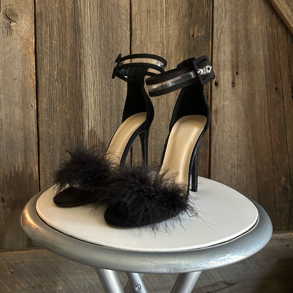 Charlotte Russe black heel with fluffy toe strap and belt style ankle strap